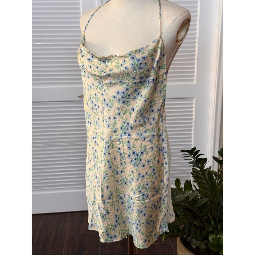 Zara Floral Cowl Neck Halter Mini Dress Cream Blue Green Texture Fabric Size Med